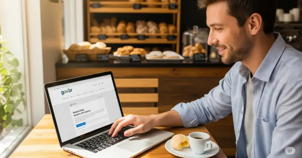 Mãos de um empreendedor preenchendo o formulário de cadastro do MEI online para abrir seu negócio em Campo Grande, RJ.