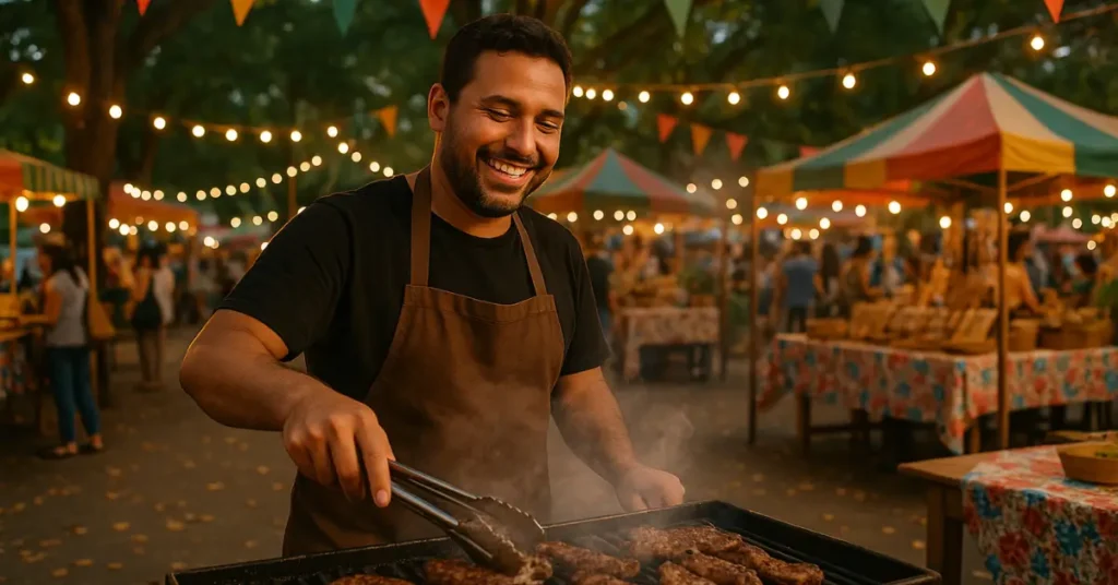 Expositor sorridente preparando churrasco na Feira de Artesanato e Gastronomia da Praça Júlio de Castilhos, realizada mensalmente com barracas de comidas típicas, artesanato local e música ao vivo.