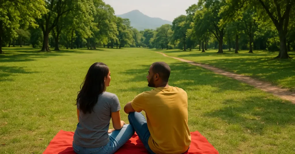 Casal sentado em canga vermelha em parque verde da Zona Oeste do Rio, com árvores e trilha ao fundo.