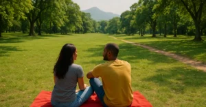 Casal sentado em canga vermelha em parque verde da Zona Oeste do Rio, com árvores e trilha ao fundo.