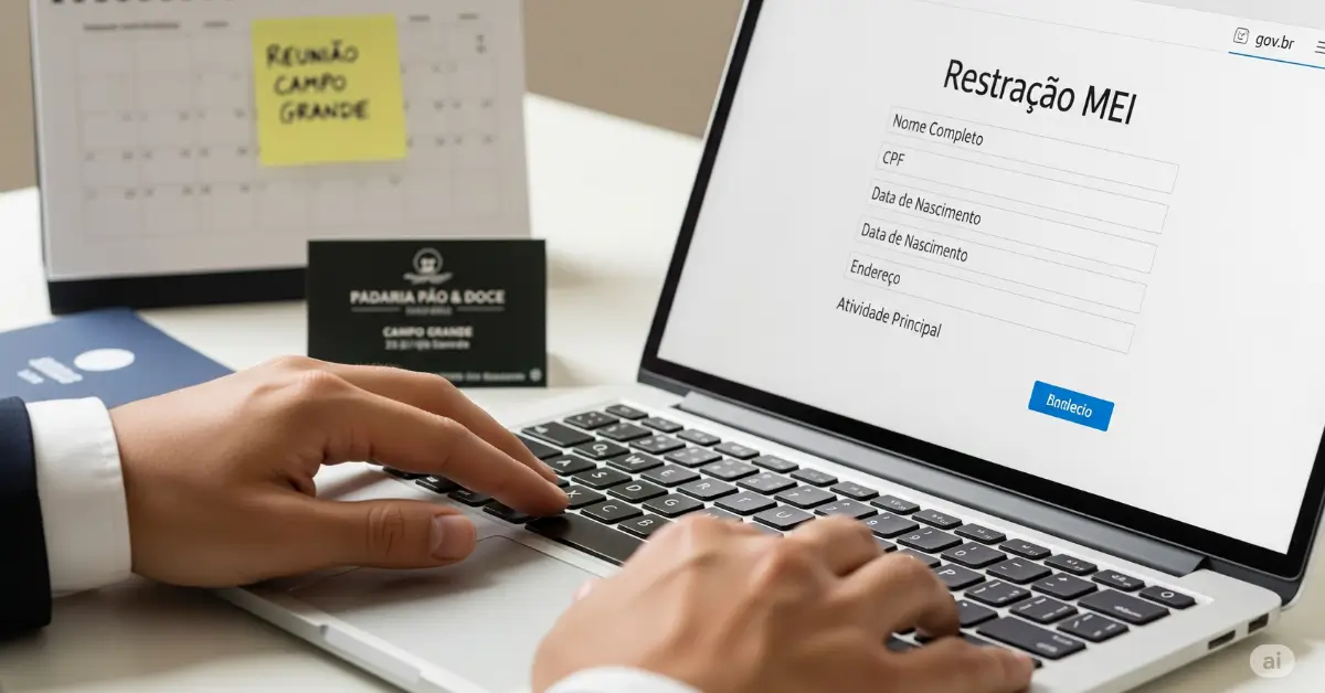 Mãos de um empreendedor preenchendo o formulário de cadastro do MEI online para abrir seu negócio em Campo Grande, RJ.