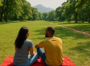 Casal sentado em canga vermelha em parque verde da Zona Oeste do Rio, com árvores e trilha ao fundo.